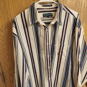 Vintage 90's Siegfried Men's XL Stripe Button Up Shirt Blue Navy Beige Collared